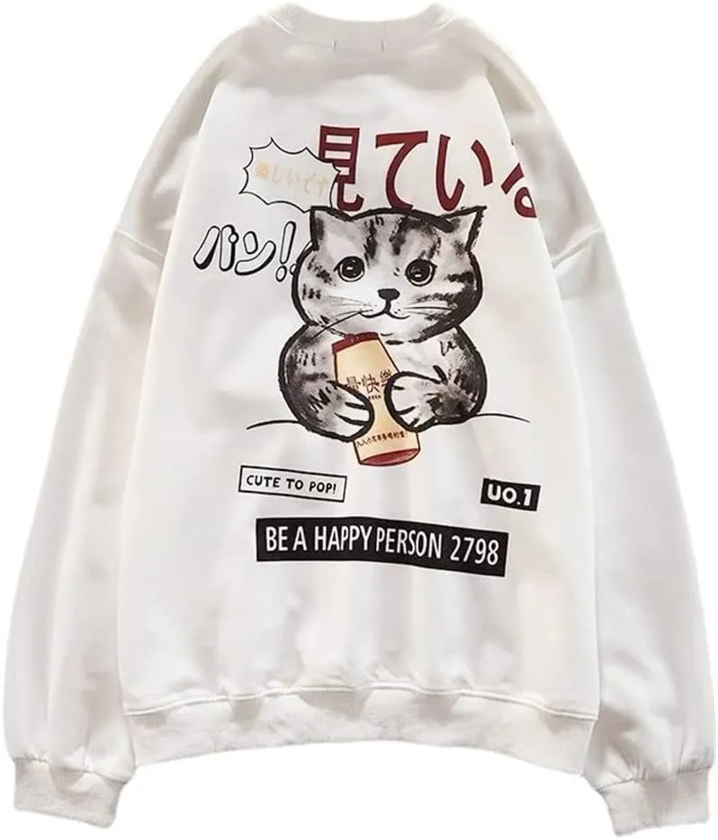Women's Crewneck Sweatshirts Oversized Casual Long Sleeve Cotton Fall Tops Cute Cat Pattern Pullover Sweatshirt