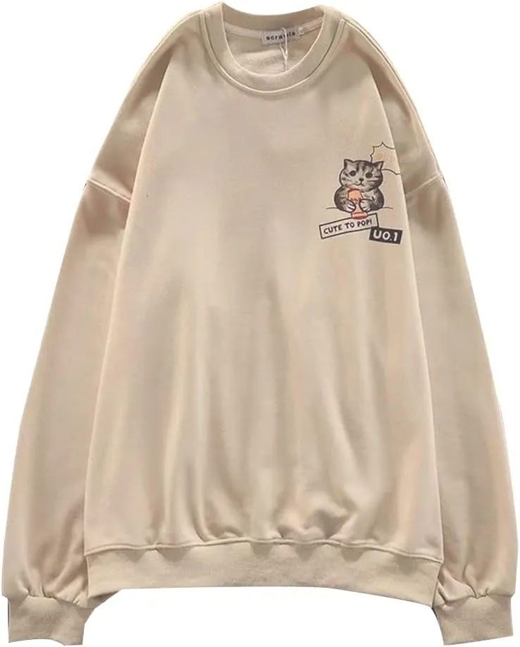 Women's Crewneck Sweatshirts Oversized Casual Long Sleeve Cotton Fall Tops Cute Cat Pattern Pullover Sweatshirt