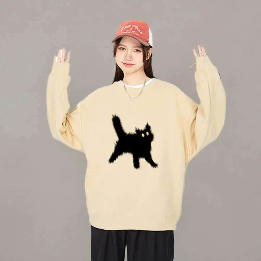 Women's Crewneck Sweatshirts Oversized Casual Long Sleeve Cotton Fall Tops Cute Cat Pattern Pullover Sweatshirt