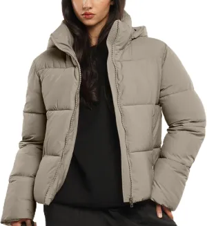 Women's Cropped Puffer Jackets,Warm Winter Jacket with Removable Hood,Zipped Pockets,Short Ladies Quilted Coat