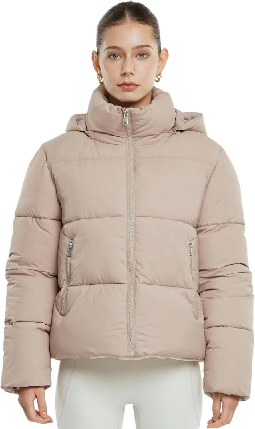 Women's Cropped Puffer Jackets,Warm Winter Jacket with Removable Hood,Zipped Pockets,Short Ladies Quilted Coat