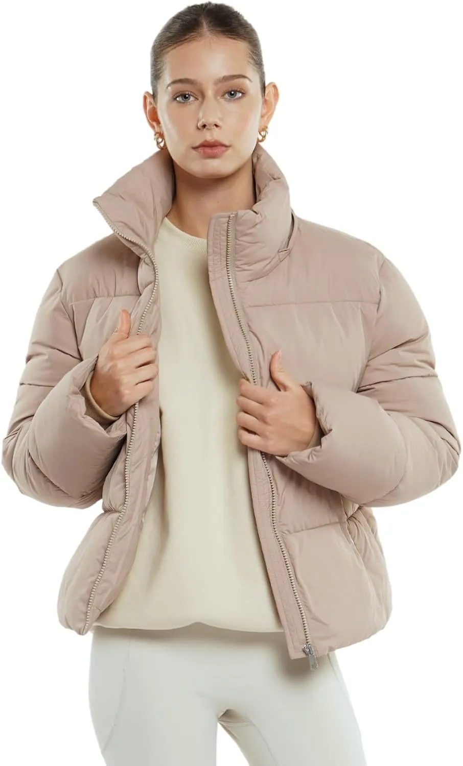 Women's Cropped Puffer Jackets,Warm Winter Jacket with Removable Hood,Zipped Pockets,Short Ladies Quilted Coat