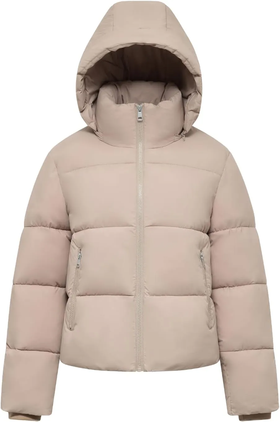 Women's Cropped Puffer Jackets,Warm Winter Jacket with Removable Hood,Zipped Pockets,Short Ladies Quilted Coat