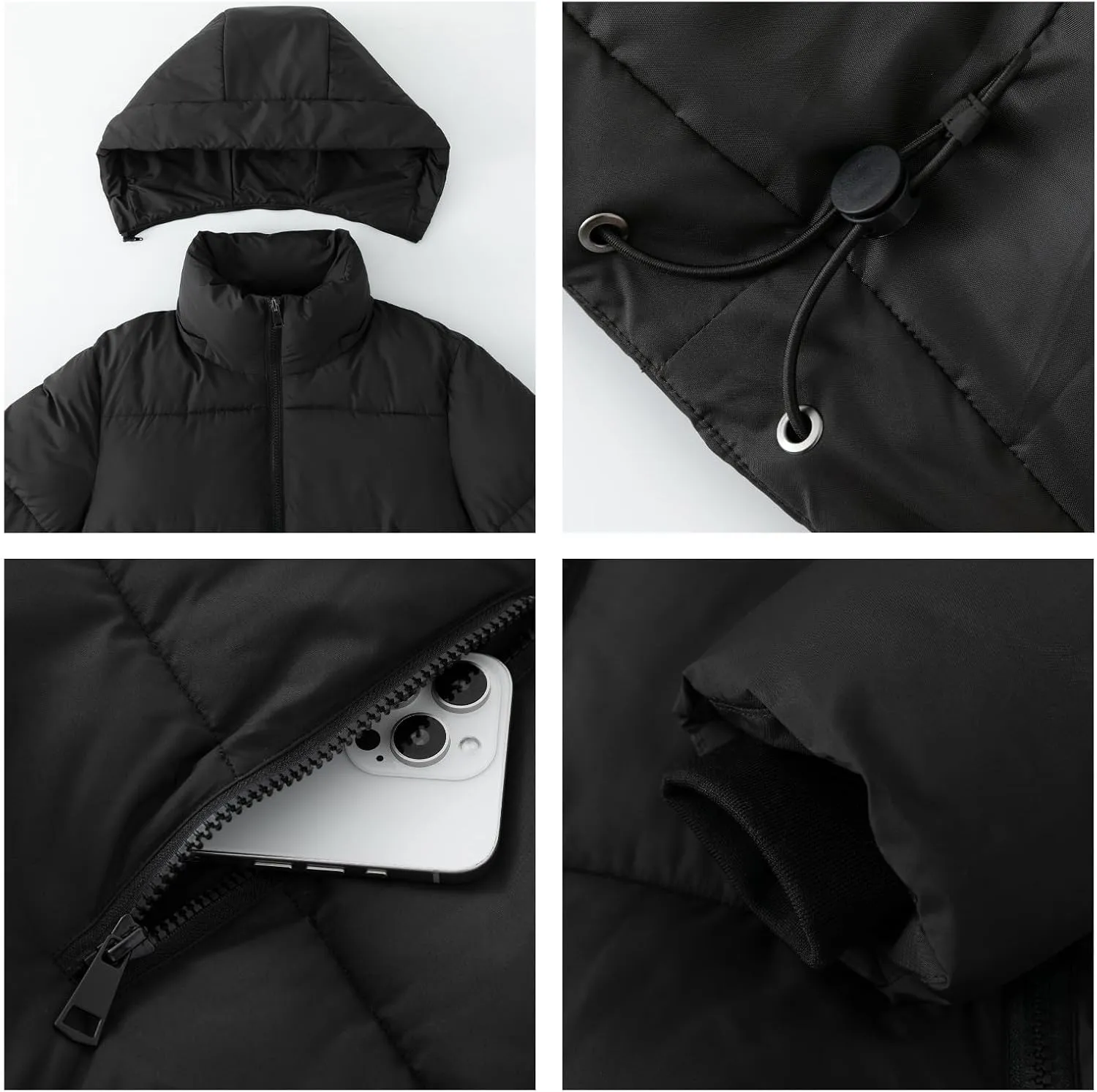 Women's Cropped Puffer Jackets,Warm Winter Jacket with Removable Hood,Zipped Pockets,Short Ladies Quilted Coat