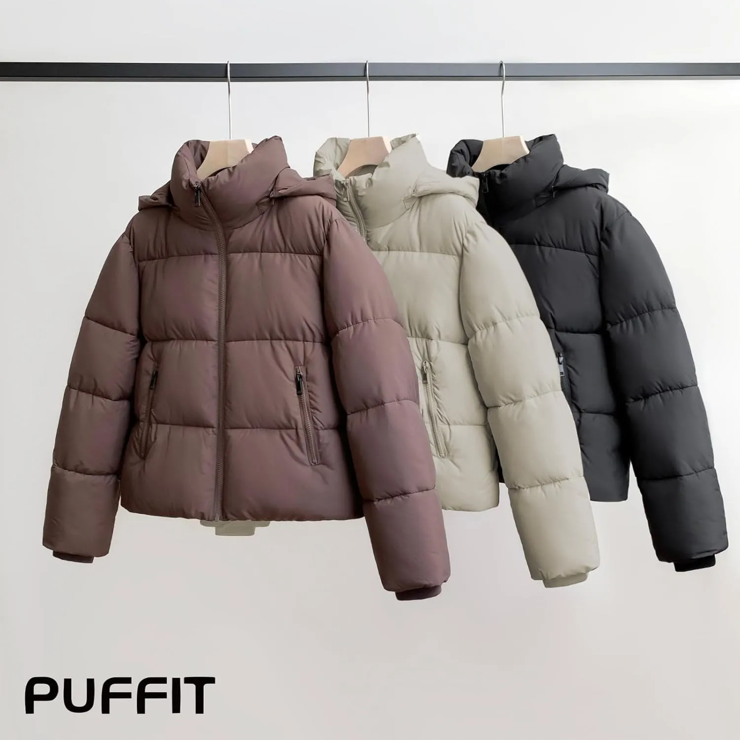 Women's Cropped Puffer Jackets,Warm Winter Jacket with Removable Hood,Zipped Pockets,Short Ladies Quilted Coat