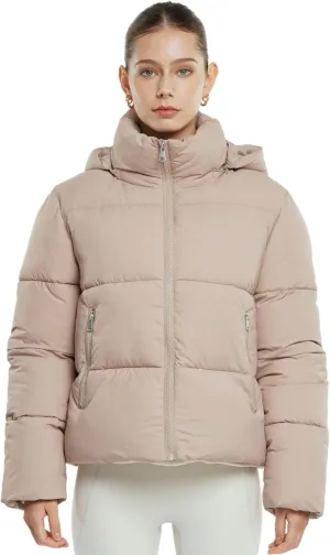 Women's Cropped Puffer Jackets,Warm Winter Jacket with Removable Hood,Zipped Pockets,Short Ladies Quilted Coat