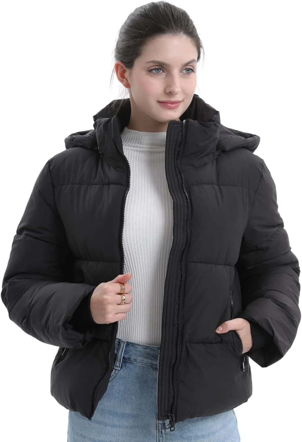 Women's Cropped Puffer Jackets,Warm Winter Jacket with Removable Hood,Zipped Pockets,Short Ladies Quilted Coat