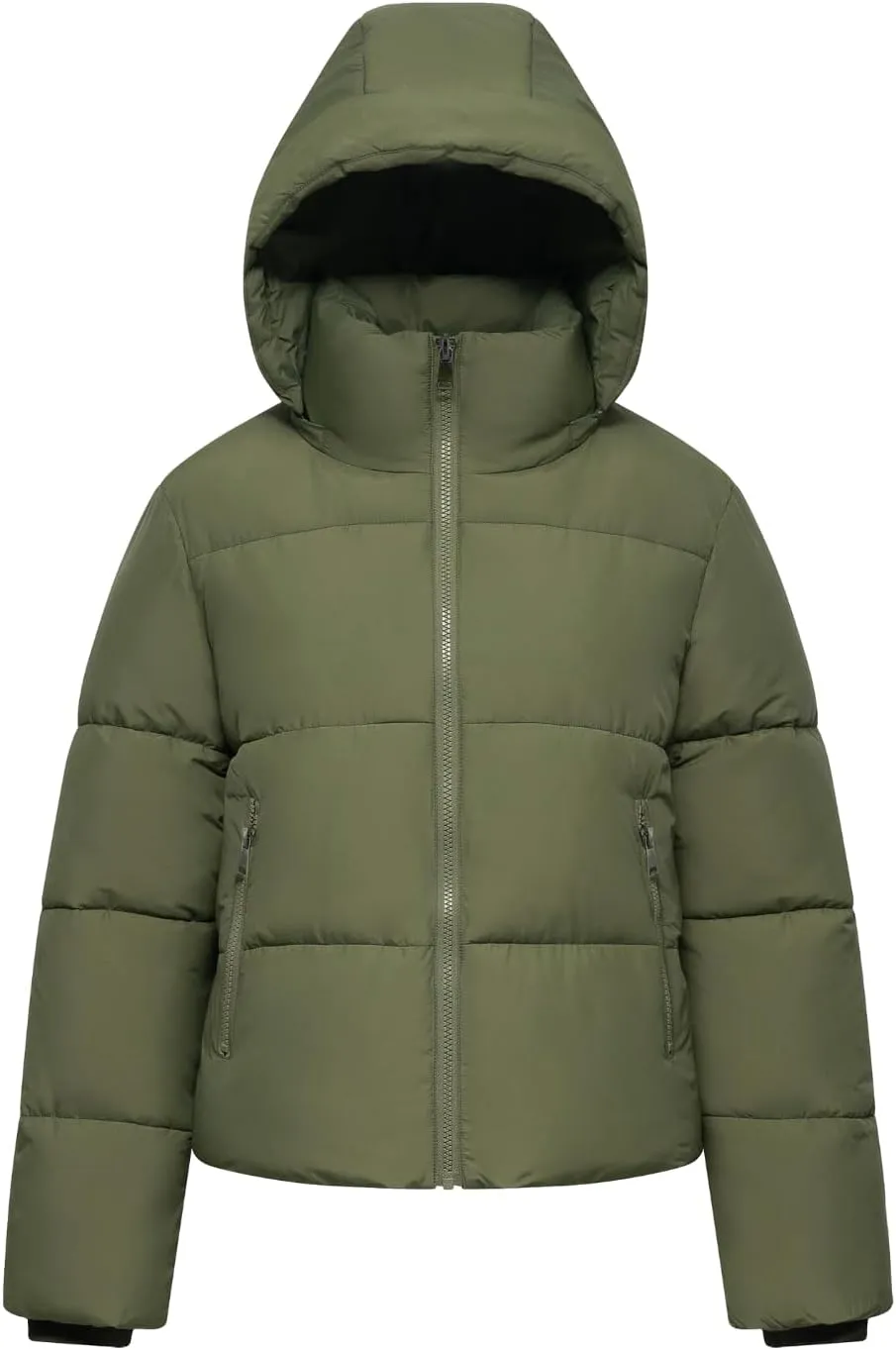 Women's Cropped Puffer Jackets,Warm Winter Jacket with Removable Hood,Zipped Pockets,Short Ladies Quilted Coat