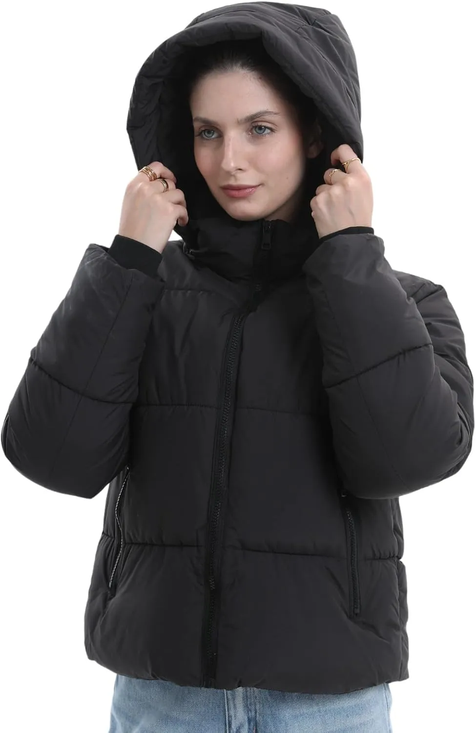 Women's Cropped Puffer Jackets,Warm Winter Jacket with Removable Hood,Zipped Pockets,Short Ladies Quilted Coat