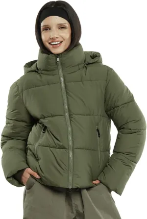 Women's Cropped Puffer Jackets,Warm Winter Jacket with Removable Hood,Zipped Pockets,Short Ladies Quilted Coat