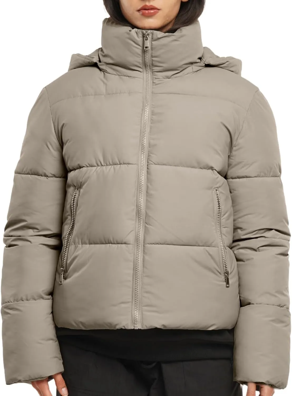 Women's Cropped Puffer Jackets,Warm Winter Jacket with Removable Hood,Zipped Pockets,Short Ladies Quilted Coat