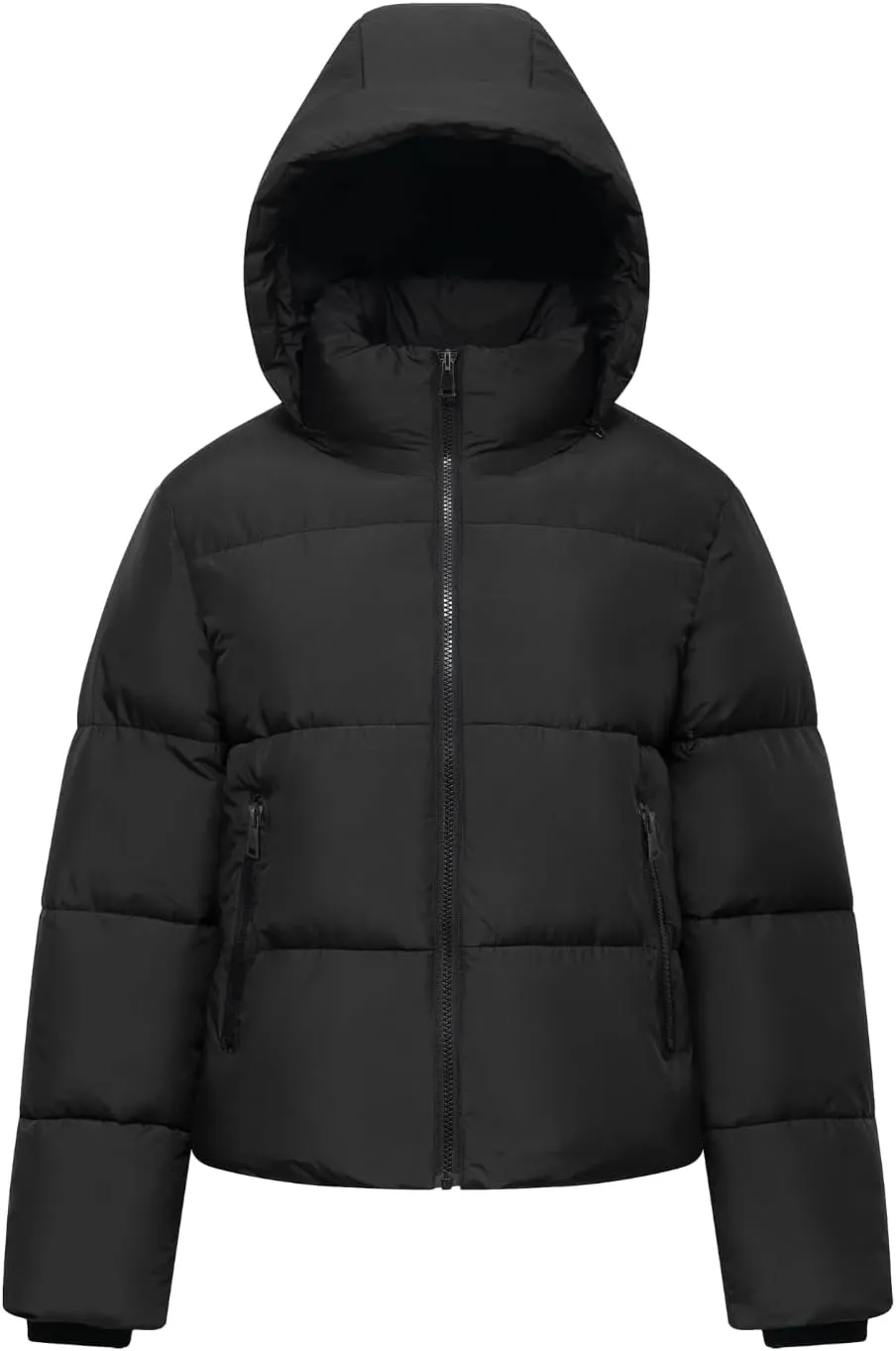 Women's Cropped Puffer Jackets,Warm Winter Jacket with Removable Hood,Zipped Pockets,Short Ladies Quilted Coat