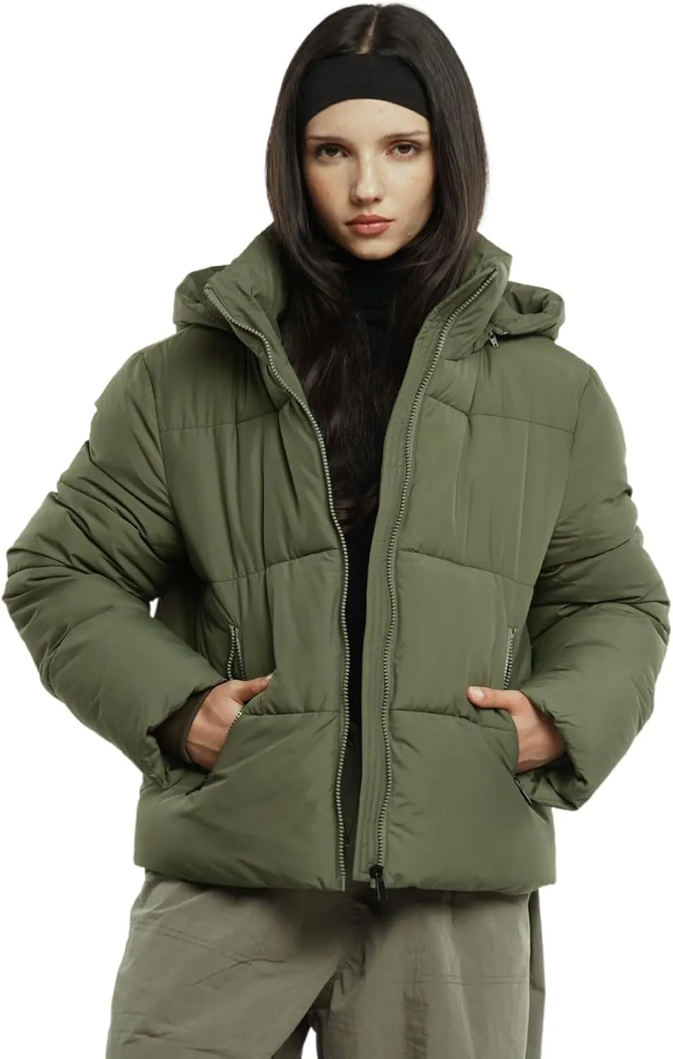 Women's Cropped Puffer Jackets,Warm Winter Jacket with Removable Hood,Zipped Pockets,Short Ladies Quilted Coat