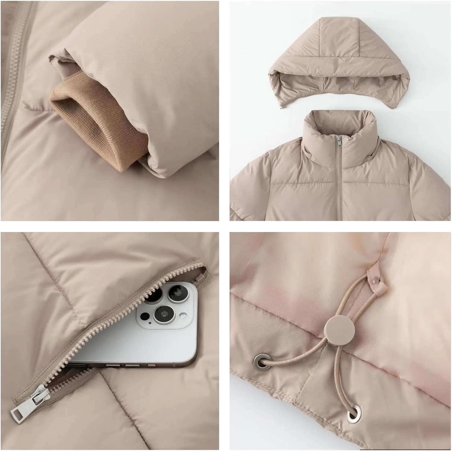 Women's Cropped Puffer Jackets,Warm Winter Jacket with Removable Hood,Zipped Pockets,Short Ladies Quilted Coat