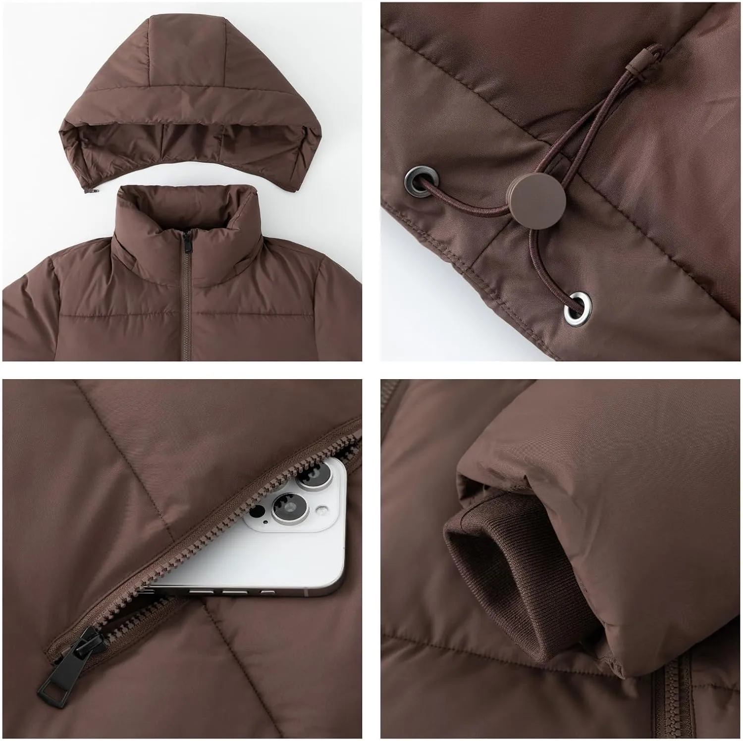 Women's Cropped Puffer Jackets,Warm Winter Jacket with Removable Hood,Zipped Pockets,Short Ladies Quilted Coat