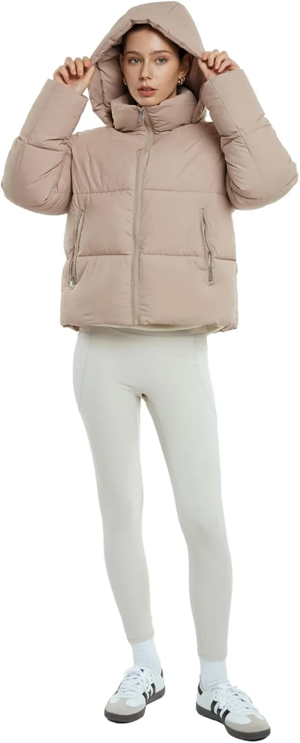 Women's Cropped Puffer Jackets,Warm Winter Jacket with Removable Hood,Zipped Pockets,Short Ladies Quilted Coat