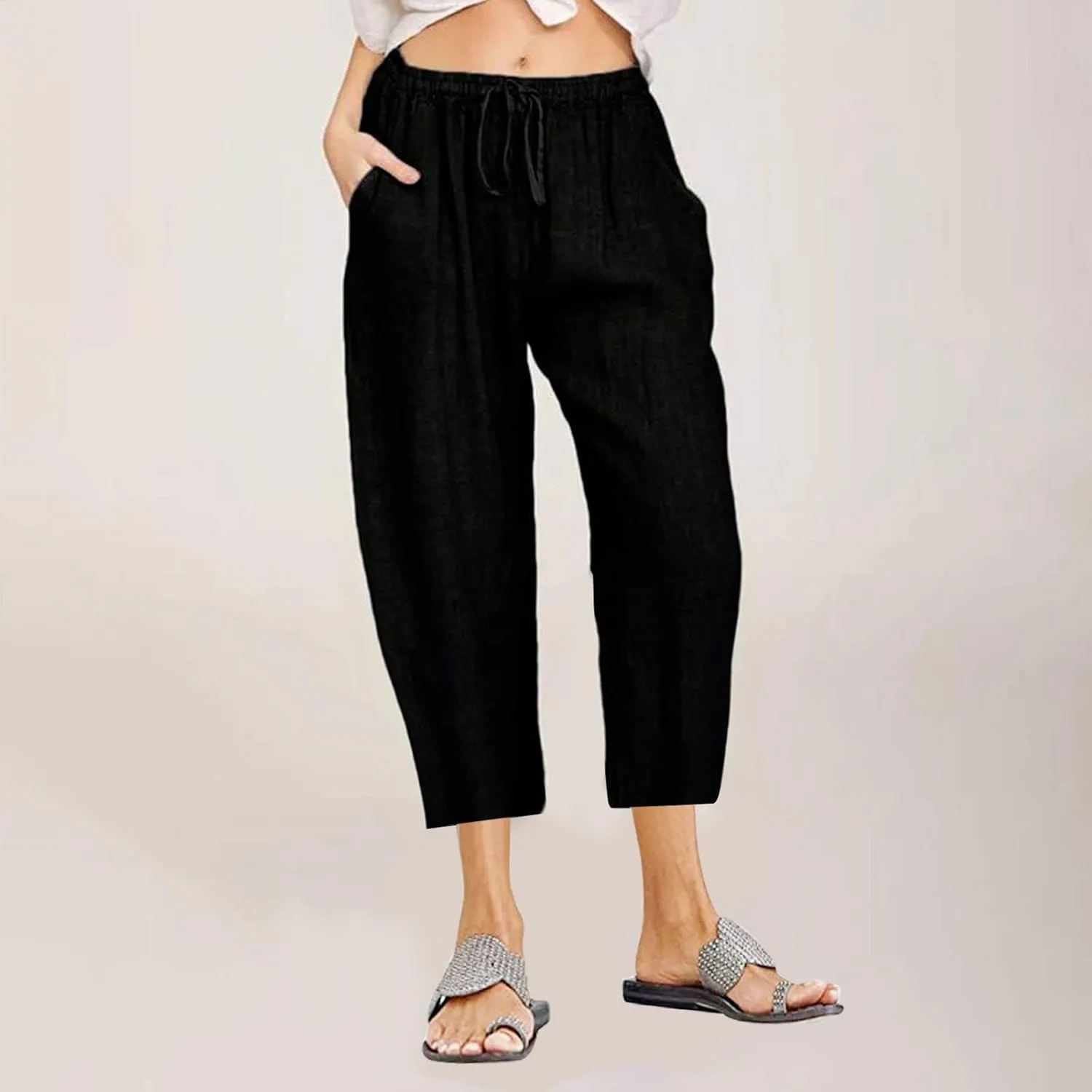 Women's Drawstring Linen Crop Pants Capris High Waisted Wide Leg Trousers Elastic Waist Summer Beach Pant with Pocket