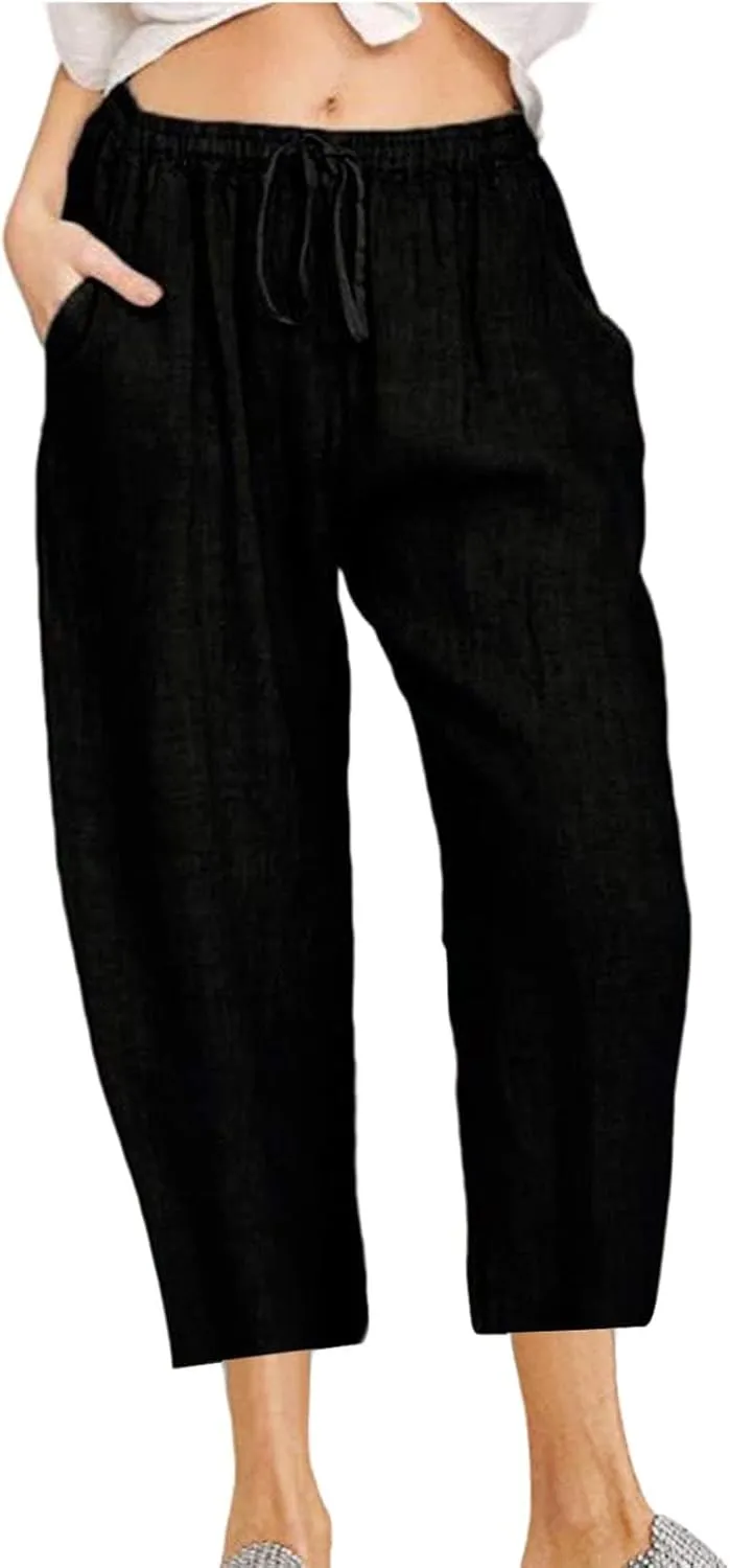 Women's Drawstring Linen Crop Pants Capris High Waisted Wide Leg Trousers Elastic Waist Summer Beach Pant with Pocket