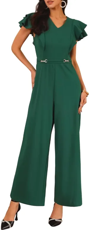 Women's Formal Jumpsuits Ruffled Sleeve High Waist V Neck Dressy Long Wide Legs Pants