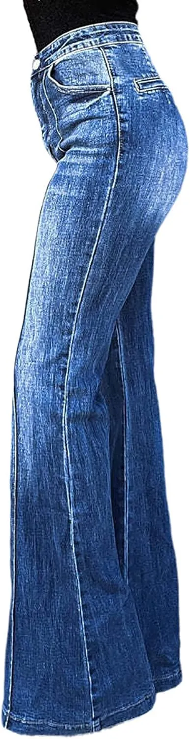 Women's High Waist Flare Bell Bottom Jeans Patchwork Washed Wide Leg Denim Pants