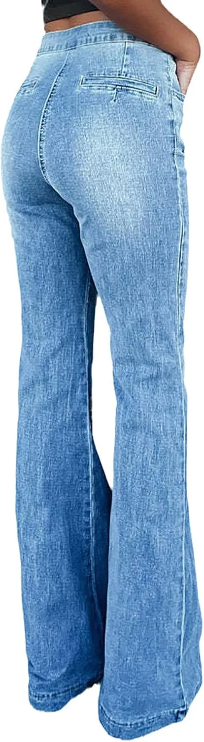 Women's High Waist Flare Bell Bottom Jeans Patchwork Washed Wide Leg Denim Pants
