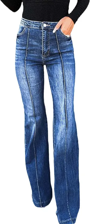 Women's High Waist Flare Bell Bottom Jeans Patchwork Washed Wide Leg Denim Pants