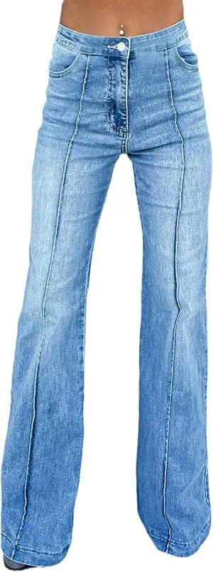 Women's High Waist Flare Bell Bottom Jeans Patchwork Washed Wide Leg Denim Pants