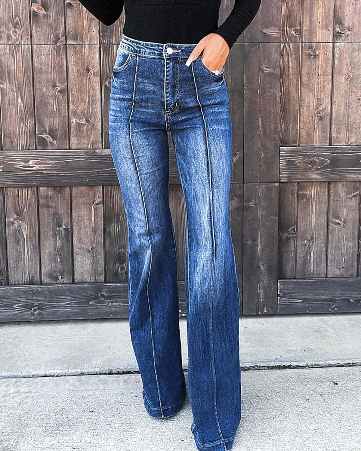 Women's High Waist Flare Bell Bottom Jeans Patchwork Washed Wide Leg Denim Pants