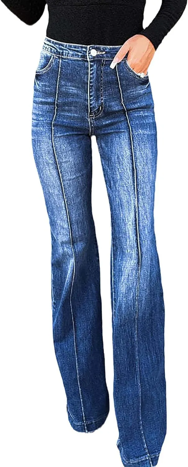 Women's High Waist Flare Bell Bottom Jeans Patchwork Washed Wide Leg Denim Pants