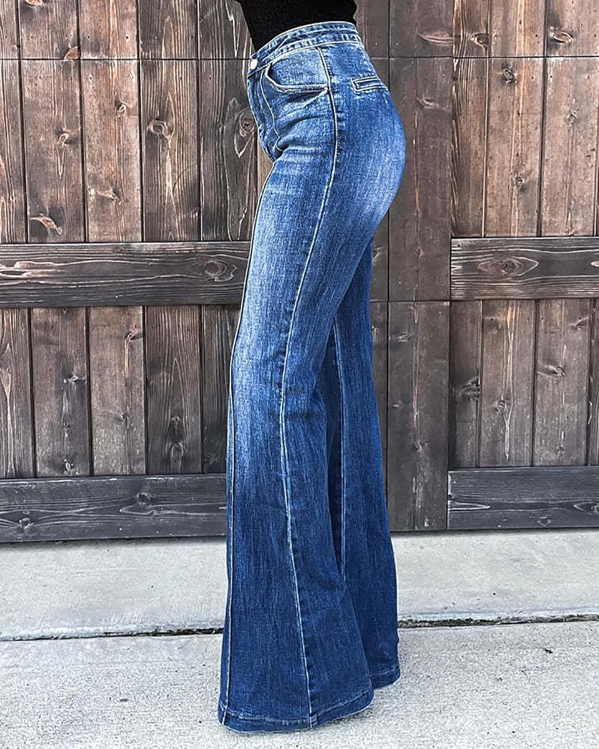 Women's High Waist Flare Bell Bottom Jeans Patchwork Washed Wide Leg Denim Pants