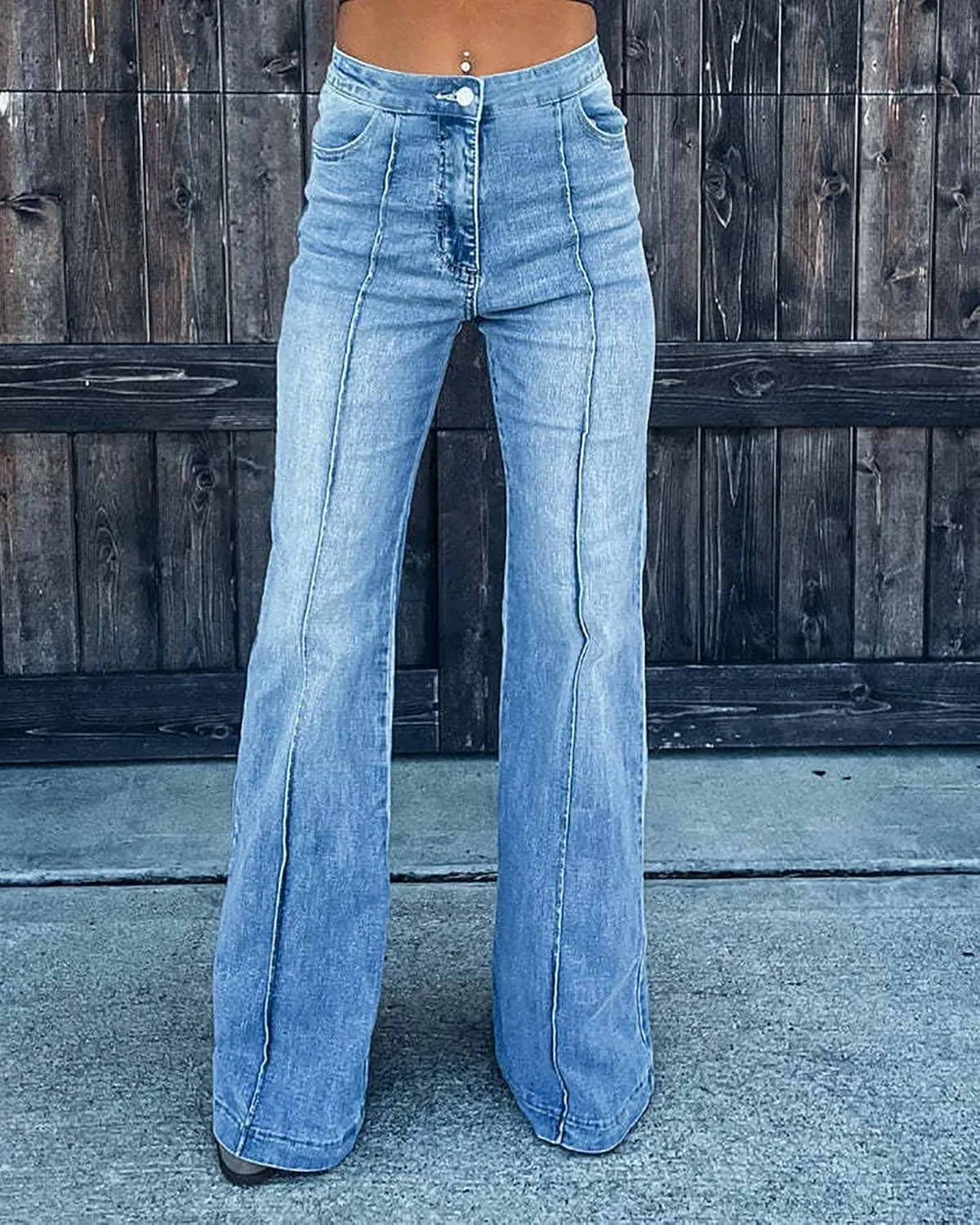 Women's High Waist Flare Bell Bottom Jeans Patchwork Washed Wide Leg Denim Pants