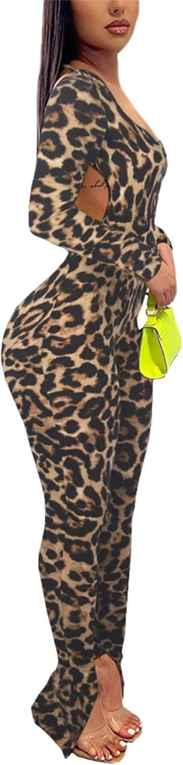 Womens Jumpsuit Long Sleeve One Piece Jumpsuits Leopard Print Sexy Backless Bodycon High Waisted Club Outfits Catsuits