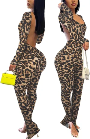 Womens Jumpsuit Long Sleeve One Piece Jumpsuits Leopard Print Sexy Backless Bodycon High Waisted Club Outfits Catsuits