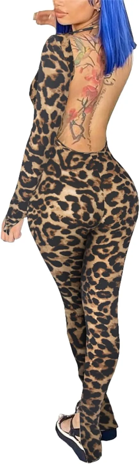 Womens Jumpsuit Long Sleeve One Piece Jumpsuits Leopard Print Sexy Backless Bodycon High Waisted Club Outfits Catsuits