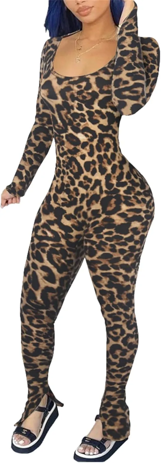 Womens Jumpsuit Long Sleeve One Piece Jumpsuits Leopard Print Sexy Backless Bodycon High Waisted Club Outfits Catsuits
