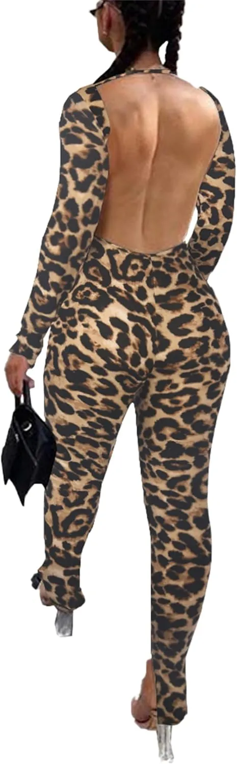 Womens Jumpsuit Long Sleeve One Piece Jumpsuits Leopard Print Sexy Backless Bodycon High Waisted Club Outfits Catsuits
