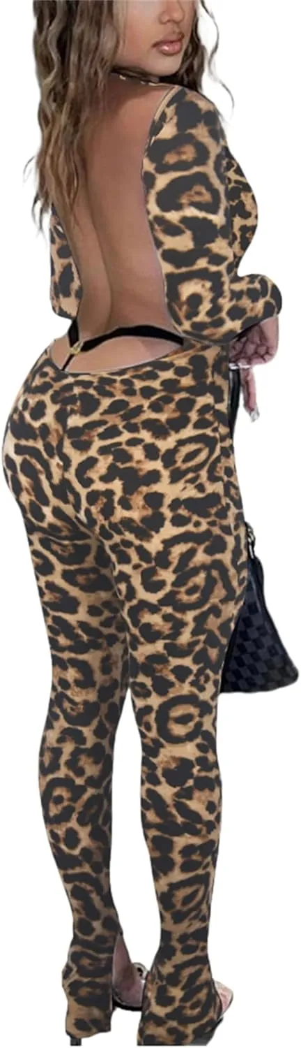 Womens Jumpsuit Long Sleeve One Piece Jumpsuits Leopard Print Sexy Backless Bodycon High Waisted Club Outfits Catsuits