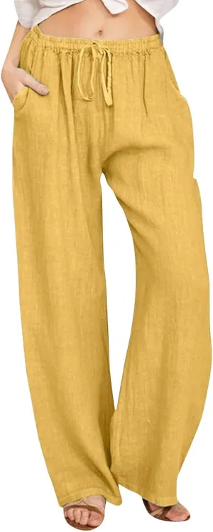 Womens Linen Blend Summer Letter Patched Palazzo Lounge Pants Elastic Waist Wide Leg Slim Fit Palazzo