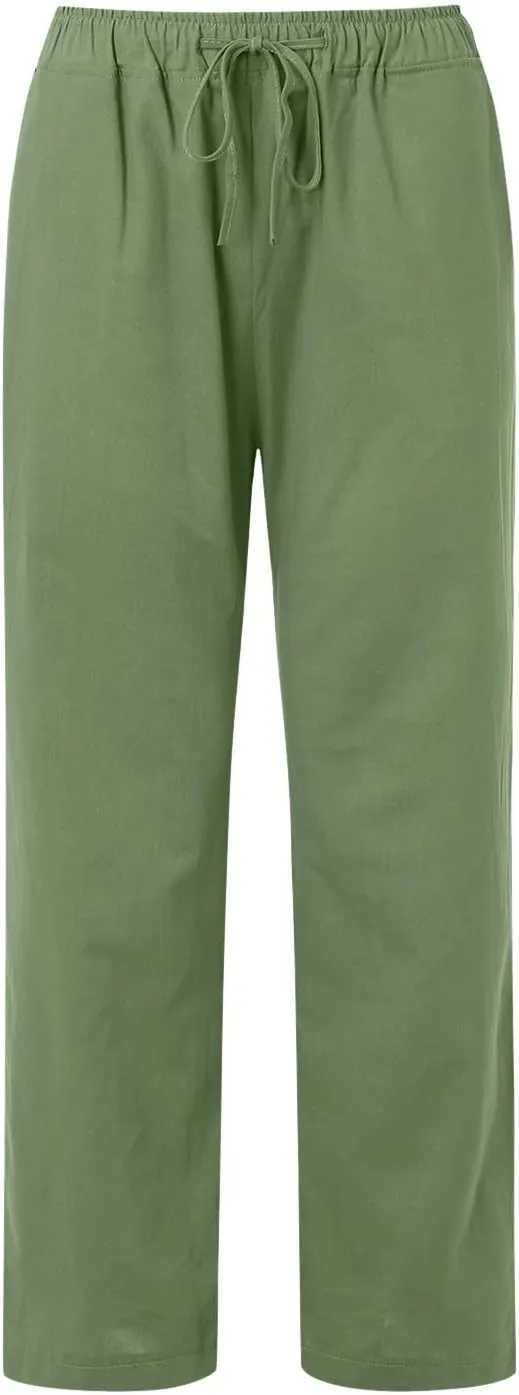 Womens Linen Blend Summer Letter Patched Palazzo Lounge Pants Elastic Waist Wide Leg Slim Fit Palazzo