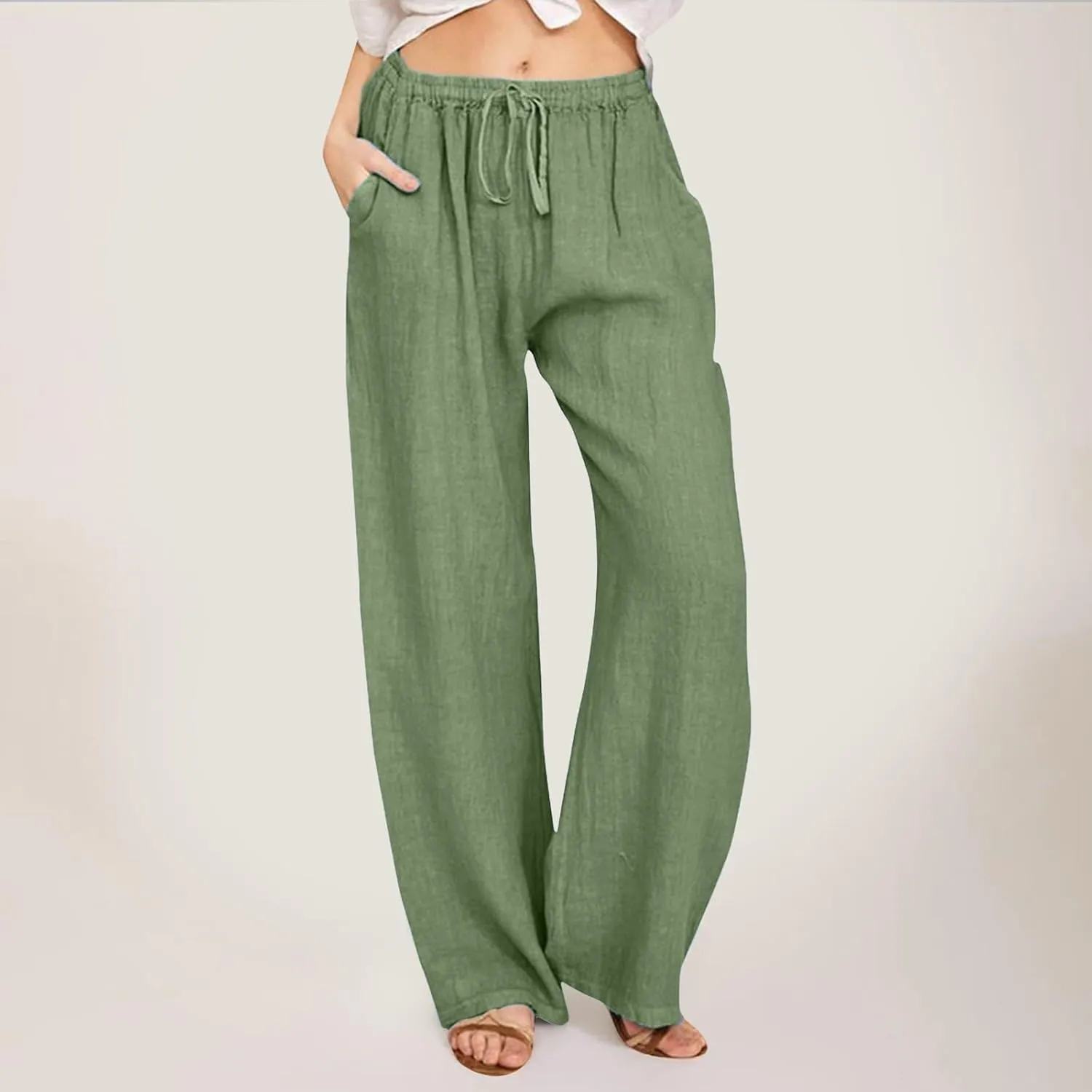 Womens Linen Blend Summer Letter Patched Palazzo Lounge Pants Elastic Waist Wide Leg Slim Fit Palazzo