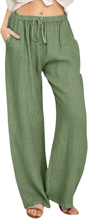 Womens Linen Blend Summer Letter Patched Palazzo Lounge Pants Elastic Waist Wide Leg Slim Fit Palazzo