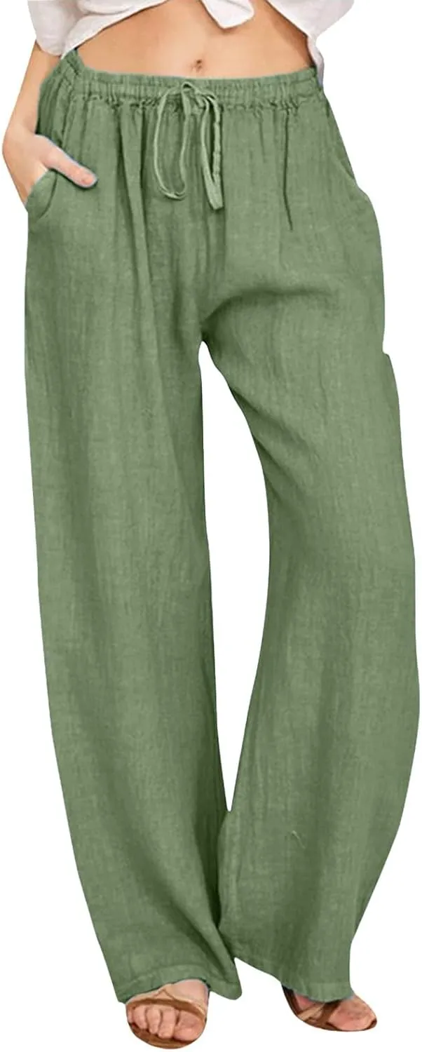 Womens Linen Blend Summer Letter Patched Palazzo Lounge Pants Elastic Waist Wide Leg Slim Fit Palazzo