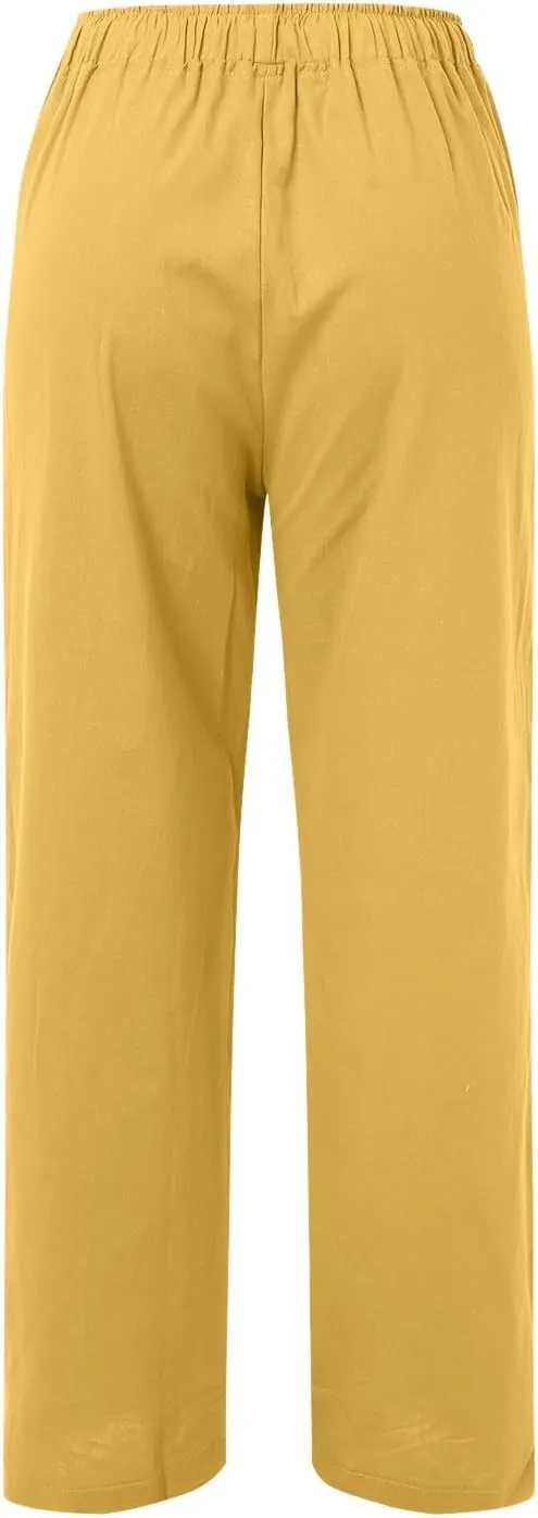 Womens Linen Blend Summer Letter Patched Palazzo Lounge Pants Elastic Waist Wide Leg Slim Fit Palazzo