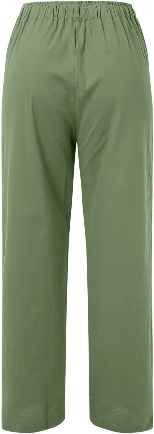 Womens Linen Blend Summer Letter Patched Palazzo Lounge Pants Elastic Waist Wide Leg Slim Fit Palazzo