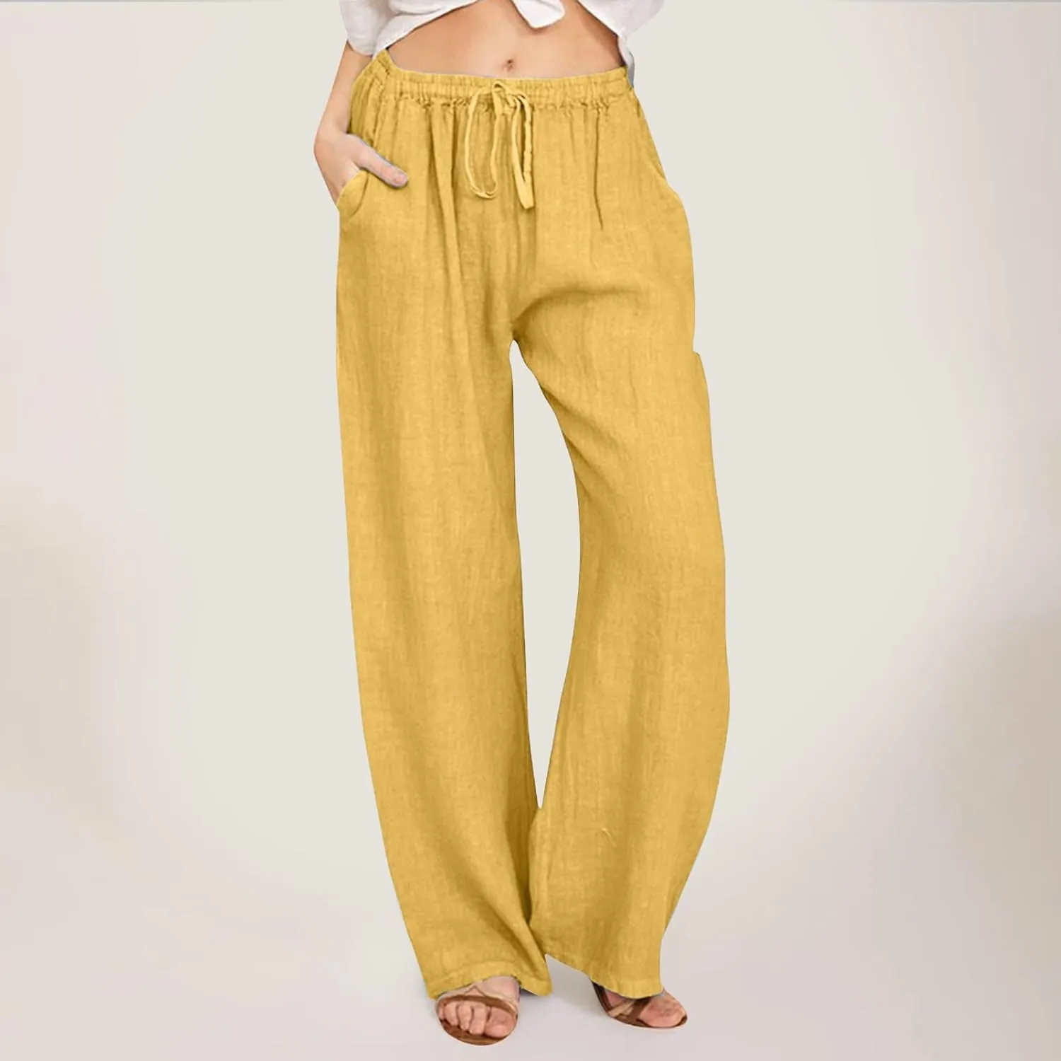 Womens Linen Blend Summer Letter Patched Palazzo Lounge Pants Elastic Waist Wide Leg Slim Fit Palazzo