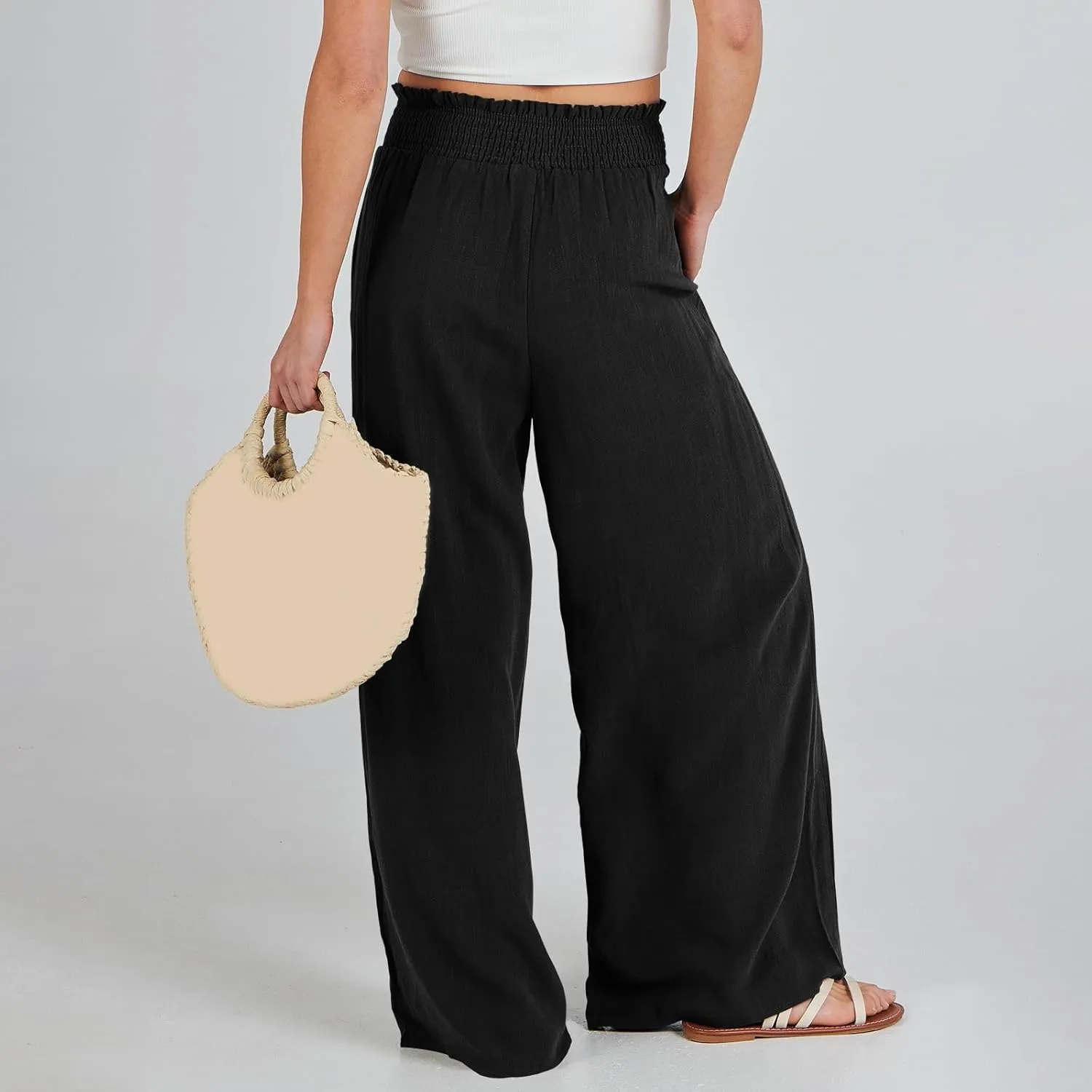 Women's Linen Blend Summer Lightweigt Palazzo Lounge Pants High Waist Straight Slim Fit Palazzo Pants Vacation