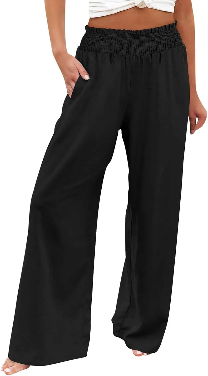 Women's Linen Blend Summer Lightweigt Palazzo Lounge Pants High Waist Straight Slim Fit Palazzo Pants Vacation
