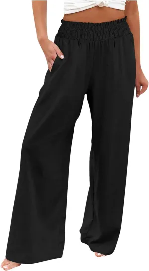Women's Linen Blend Summer Lightweigt Palazzo Lounge Pants High Waist Straight Slim Fit Palazzo Pants Vacation