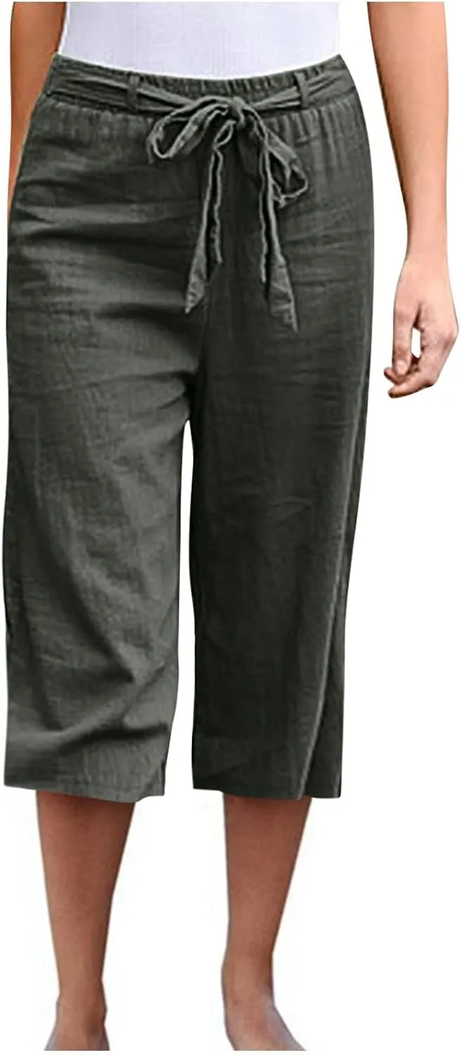 Womens Linen Summer Boho Palazzo Pants Elastic Waisted Long Lounge Loose Fit Trouser Vacation