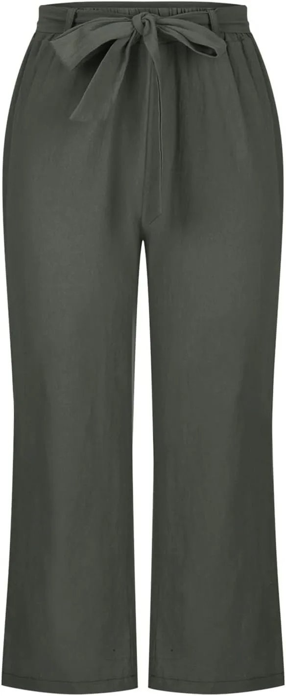 Womens Linen Summer Boho Palazzo Pants Elastic Waisted Long Lounge Loose Fit Trouser Vacation